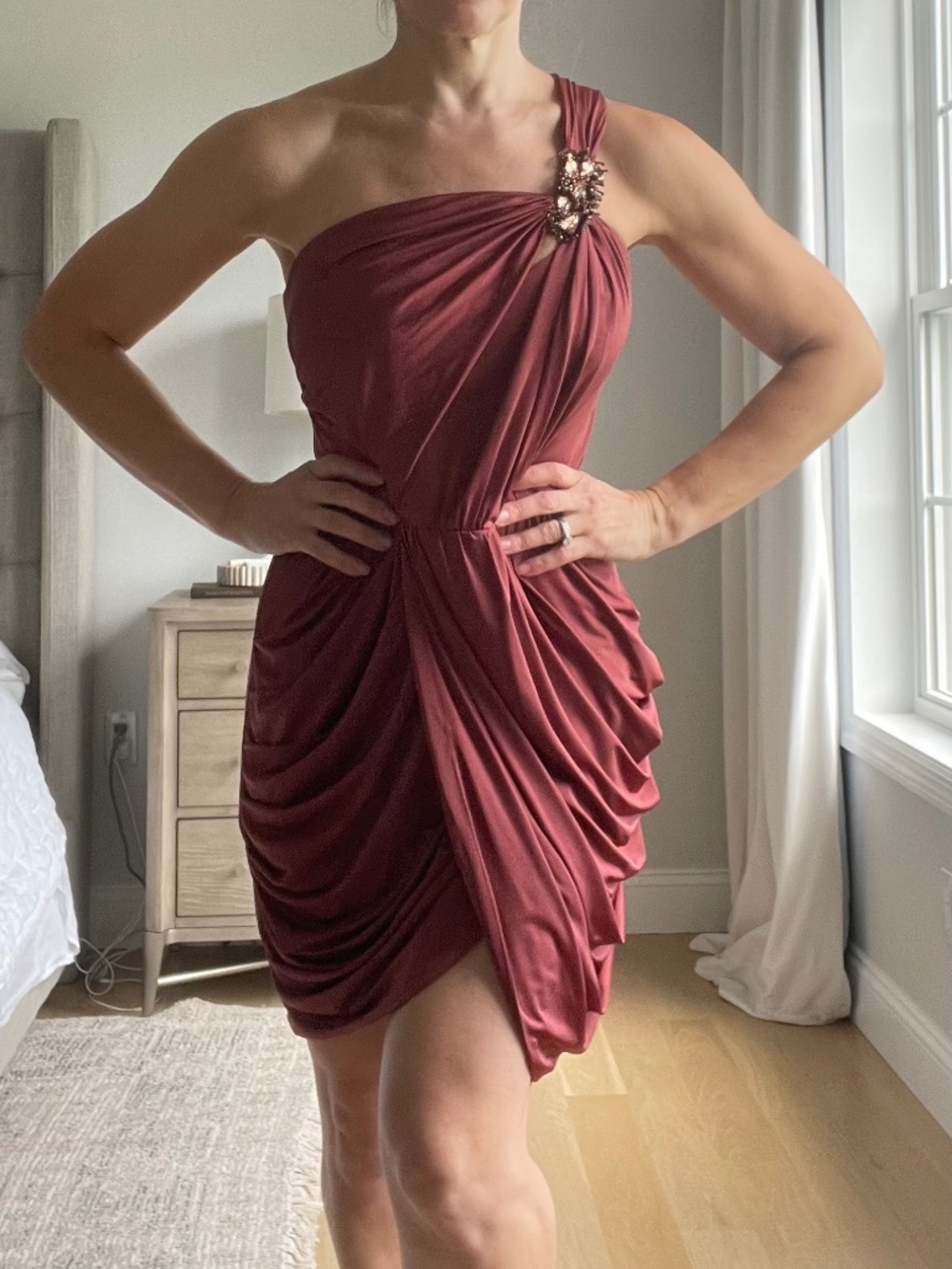 Hoaglund One Shoulder Draped Cocktail Dress Burgundy Size 2 NWT